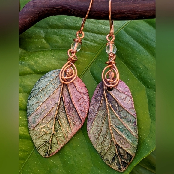 Artisan Jewelry - Artistan Copper Earrings Colorful Leaves And Quartz Gemstones
